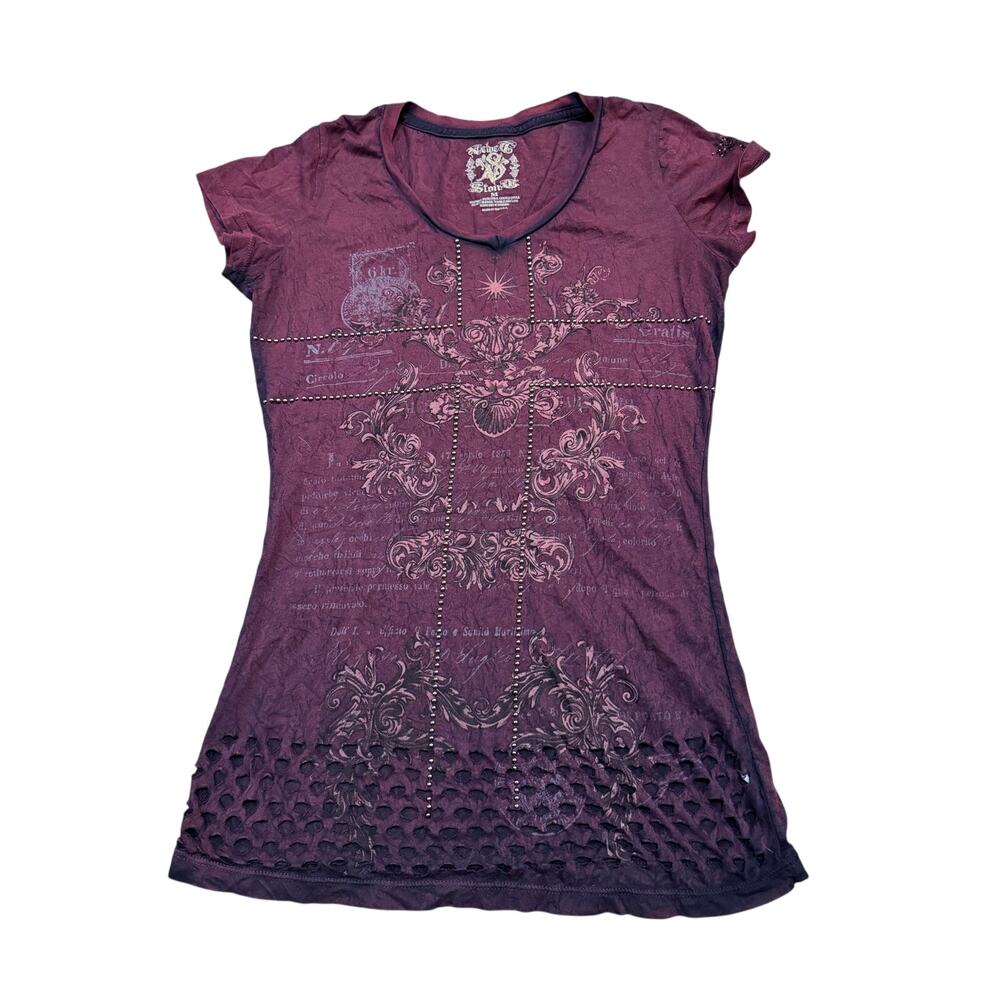 Velvet Stone Embellished Boho Graphic Tee Purple Studded Cutout Hem Y2K Size M